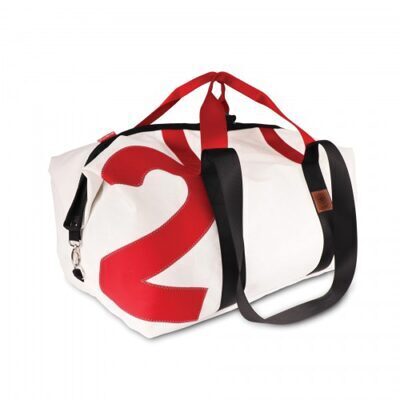 360Grad, Reisetasche, Kutter XL, weiss, Zahl rot, Gurt rot-schwarz, Sporttasche